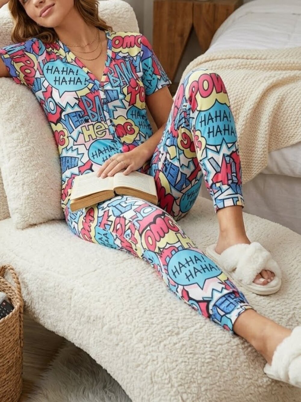 Multicolor Short Sleeve Comic Book Pop Art Pajama Jumpsuit Romper Onesie Size XL